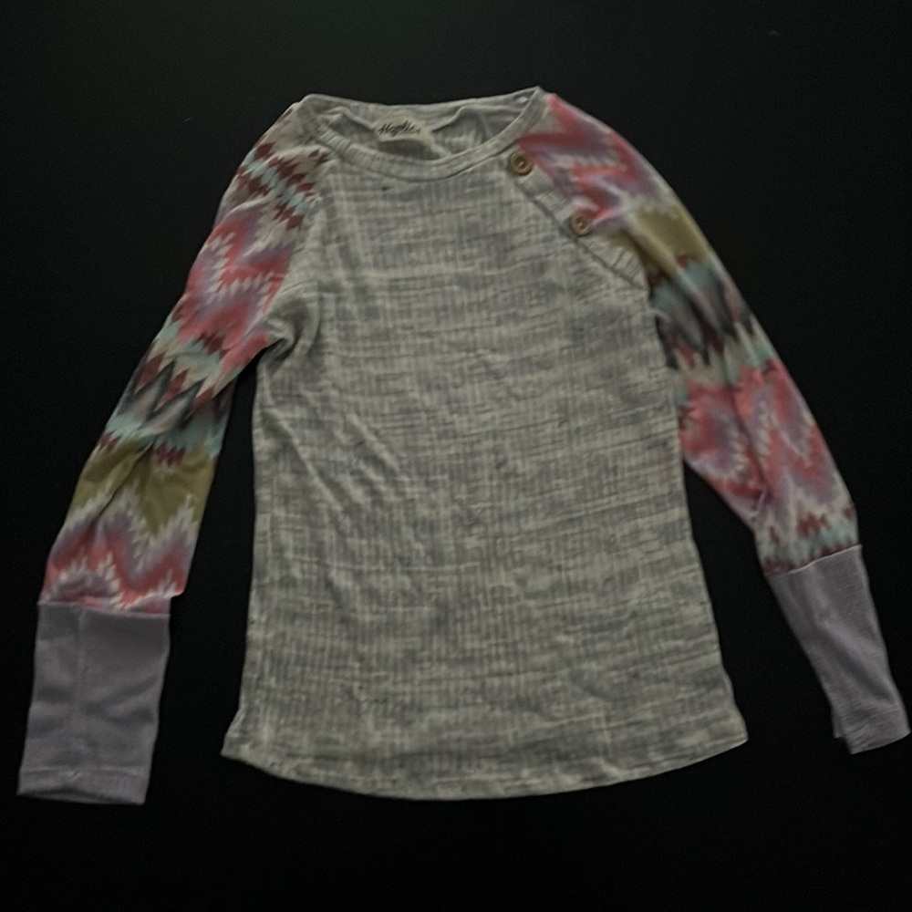 Haptics Long-Sleeve Tee, Size Small, Gray with Multi-Colored Sleeves